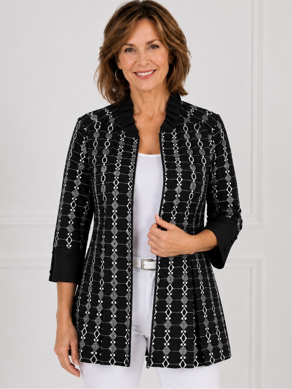 Samuel Dong Black White Embroidered Geometric Longline Blazer Jacket Size Medium